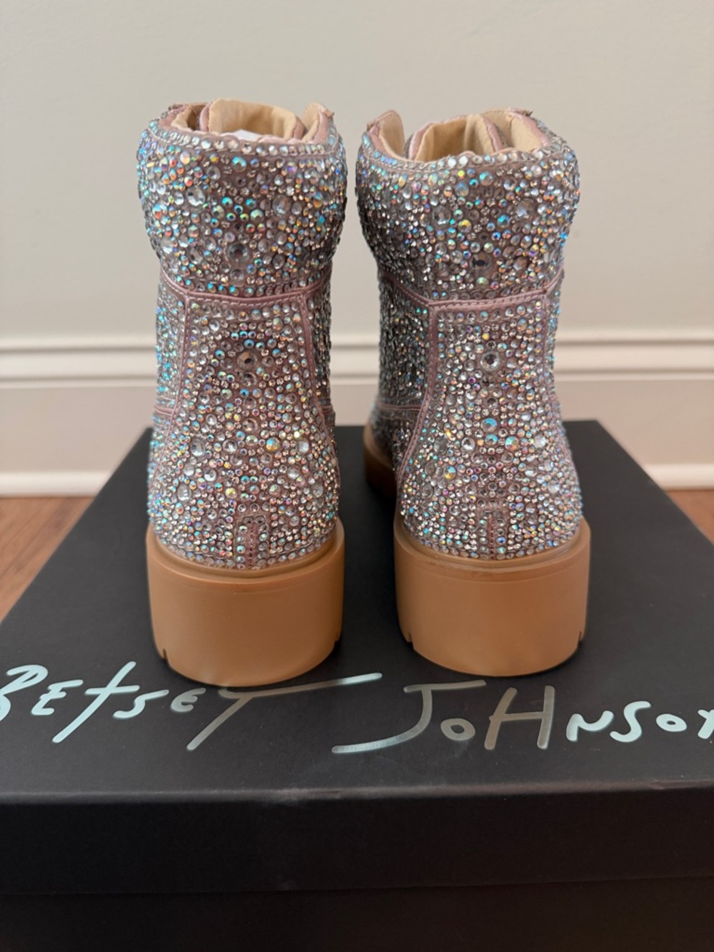 Betsey Johnson Hudsn Rhinestone Combat Boots with Pink Crystals and Tan Lug Sole - Picture 2 of 5